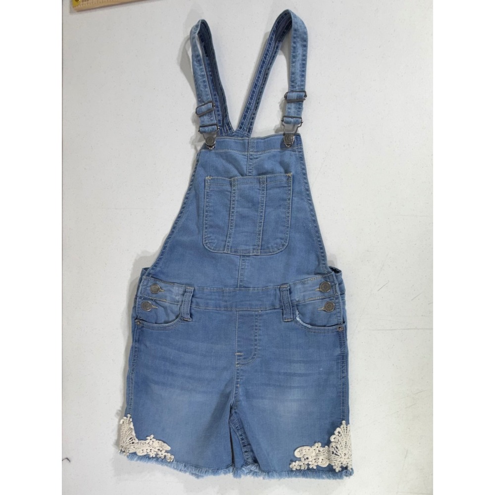 Vigoss Girls Overalls Shortalls XL Denim Crochet Lace Trim Frayed Hem Stretch
